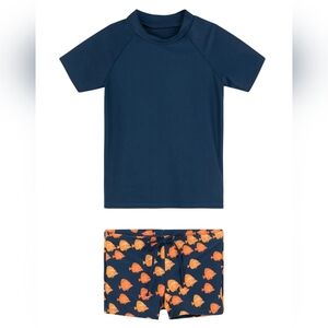 Gottex Kids Swin Set Navy Orange Fish Short Sleeve Shorts Boys Size 5 NEW